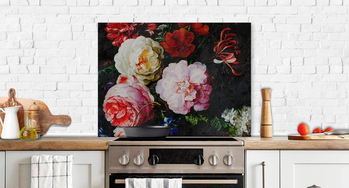 Old Masters Rijksmuseum backsplash DW7316 with lush floral still life on dark background in kitchen