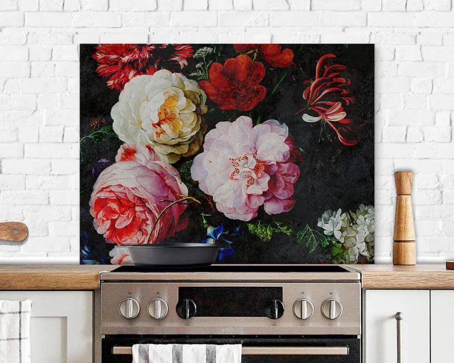 Alte Meister Rijksmuseum Küchenrückwand DW7316 mit üppigem Blumenstillleben auf dunklem Hintergrund in Küche