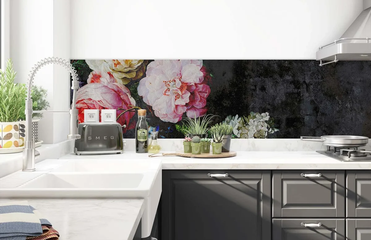 Old Masters Rijksmuseum backsplash DW7318 panoramic floral still life on dark background in white kitchen