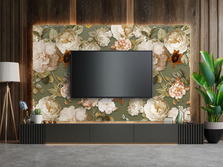 Bloemen behang in combinatie met led verlichting in de cinewall.