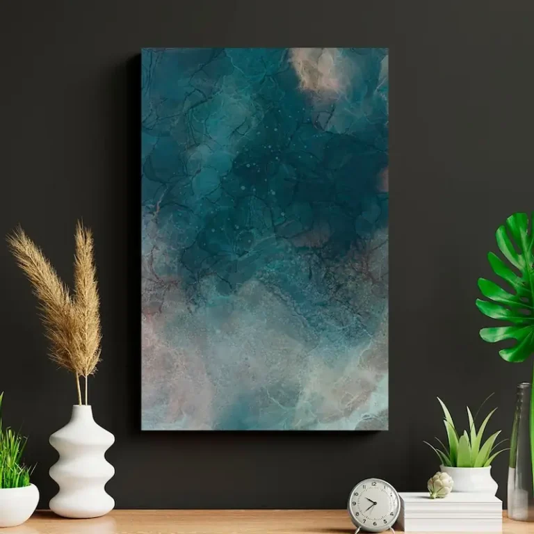 Home office with a rectangular acoustic panel showing a teal blue watercolour