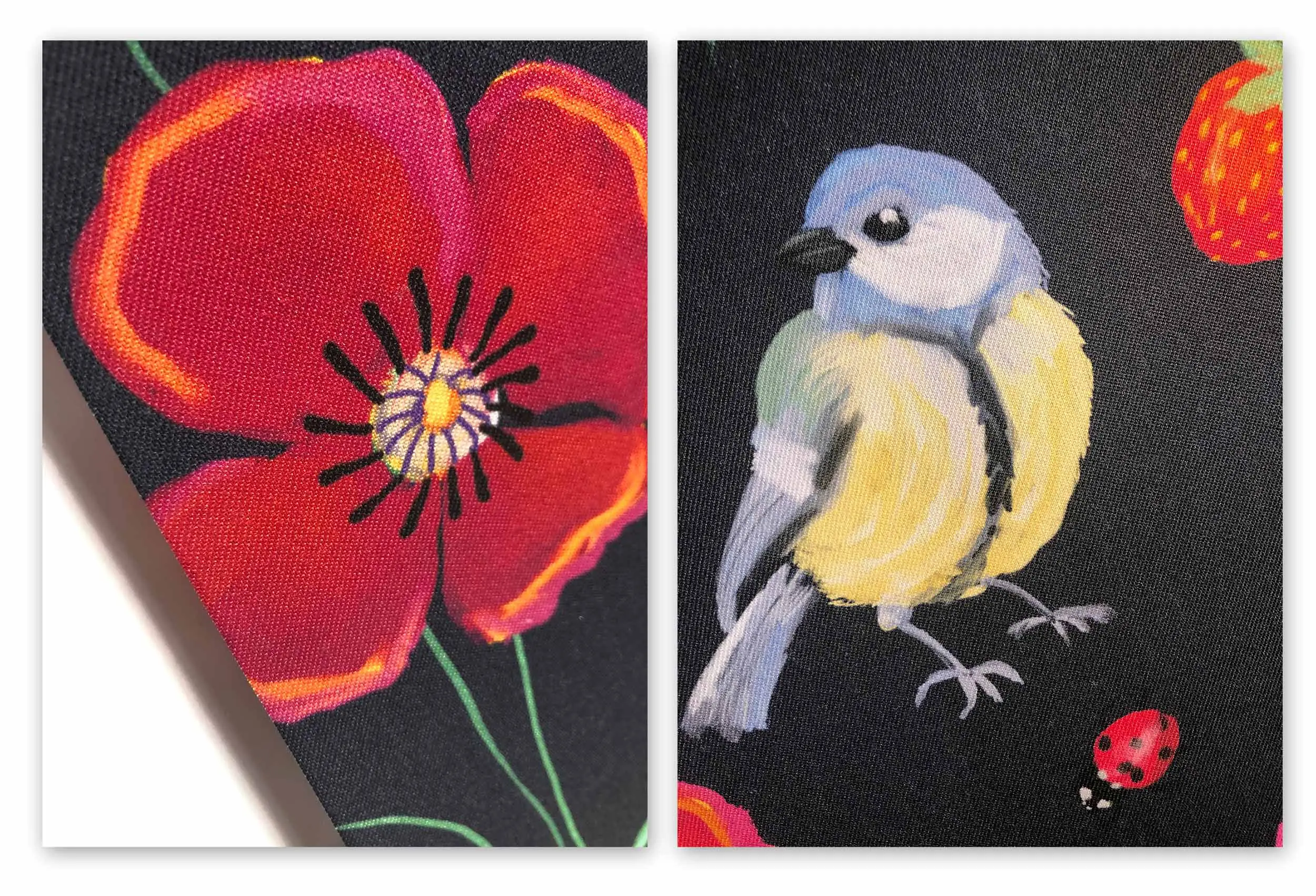 Detail of textile poster for children's room with flower and bird illustration