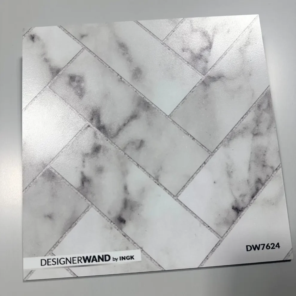 DW7624 backsplash sample showing subtle light marble effect with delicate veining