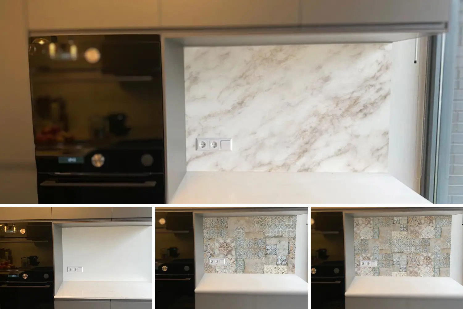 We hebben een aantal simulaties gemaakt op de keuken achterwand van Alan. Hier zie je drie voorbeelden. Ook van 1 ontwerp waar we twee verschillende maten van de tegel hebben gesimuleerd.