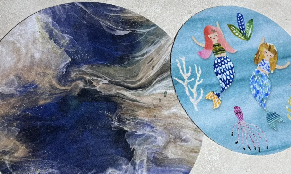 Verschillende ronde vloermatten op maat – schoonloopmat met marmer design en kindermat met zeemeerminnen