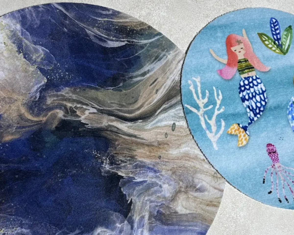 Verschillende ronde vloermatten op maat – schoonloopmat met marmer design en kindermat met zeemeerminnen