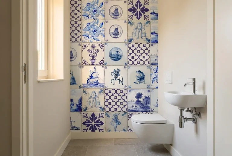 Achterwand in het toilet met Delfts blauwe tegeltjes DW3314 op de wand tegenover de deur
