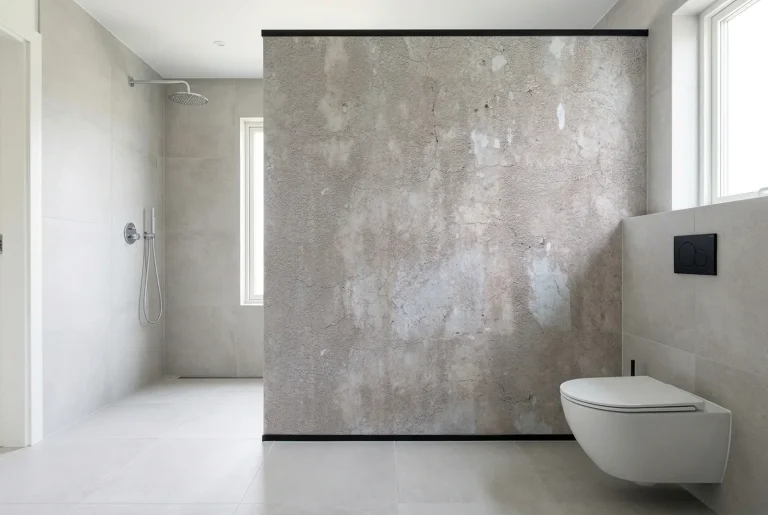 Tussenwand tussen douche en toilet met betonlook paneel DW7372, gevat in aluminium profielen