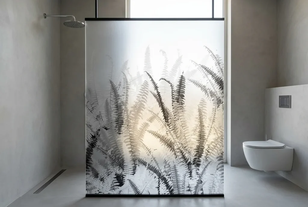 Tussenwand in de Badkamer Maken, Zonder Boren en Zonder Voegen 3 Lichtdoorlatende tussenwand van bedrukt plexiglas met varendessin DW7339 tussen douche en toilet