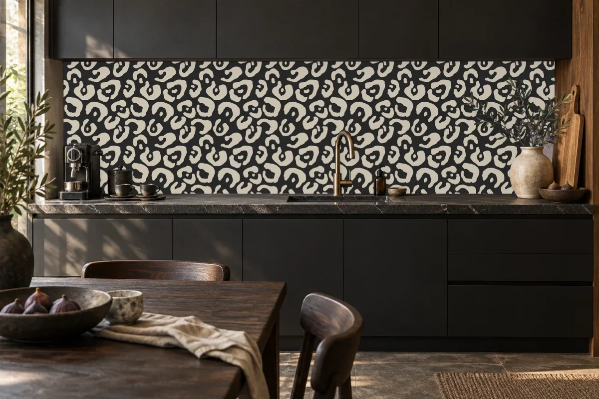 Panterprint Zwart Zand - Spatwand - DW8706, keukensimulatie 3