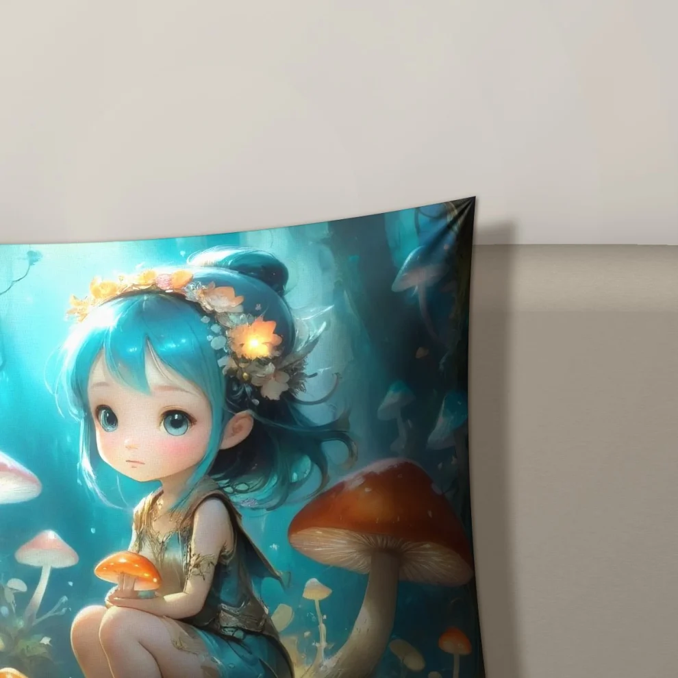 Coussin Décoratif Cutypie aux cheveux bleus de près : l’impression, le tissu et la couture sur le bord