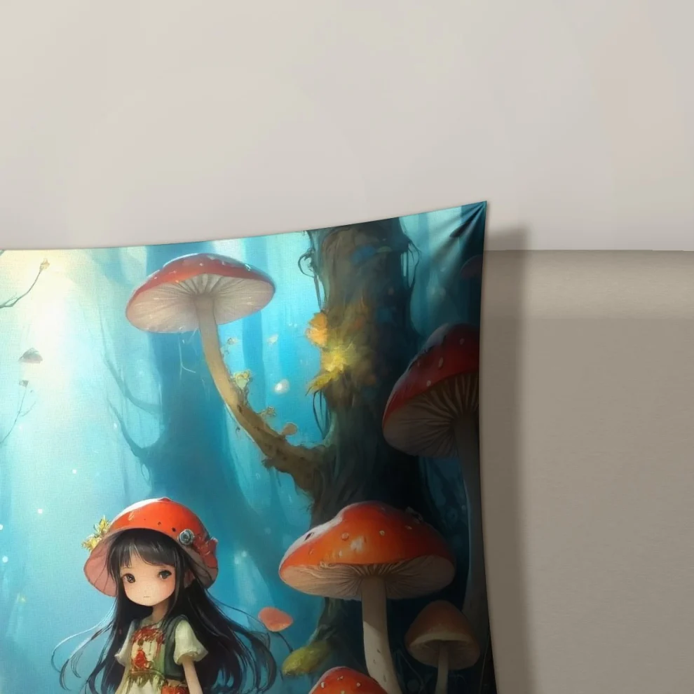 Coussin Décoratif Petit Chaperon Rouge dans la forêt de champignons de près : l’impression, le tissu et la couture sur le bord